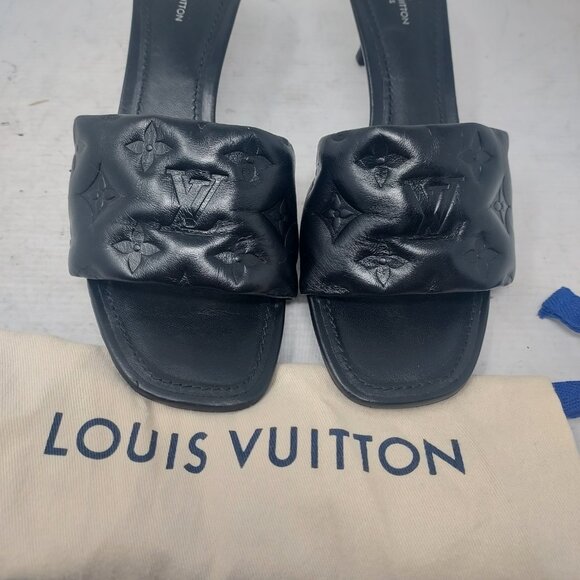 LOUIS VUITTON Monogram Black Embossed Revival Heel Sandal - Picture 4 of 11